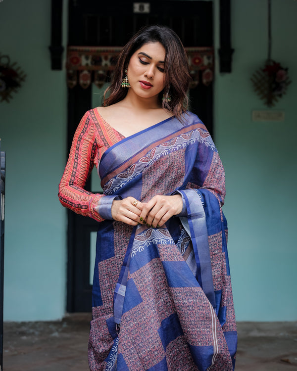 Navy Blue & Red Pure Cotton Linen Saree with Blouse and Tassels on Edges LINEN
