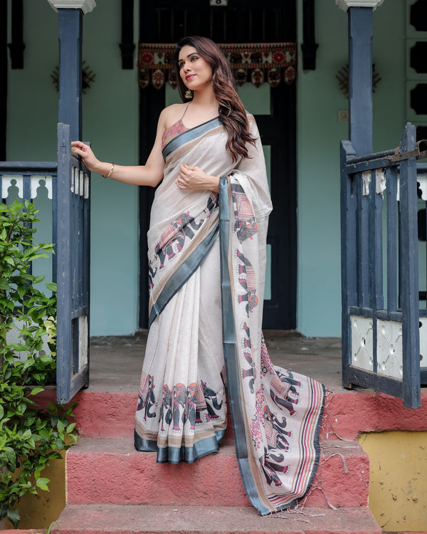 Ivory Pure Cotton Linen Saree with Elephant Motif and Tassel Detailing LINEN