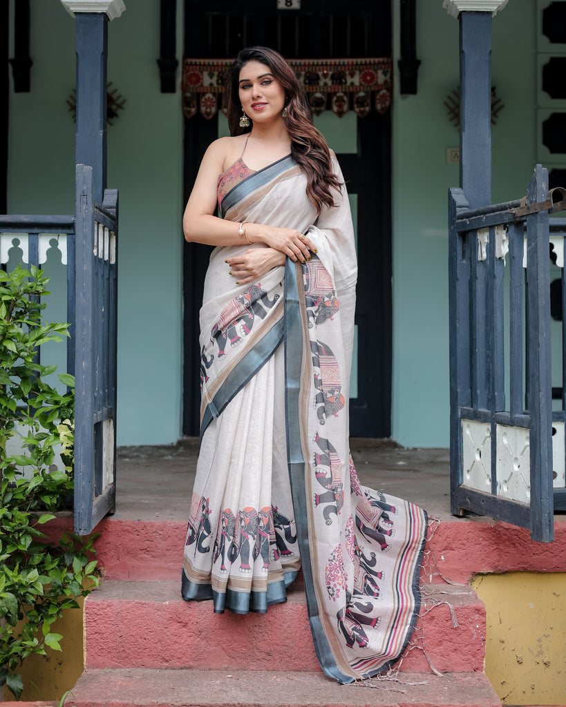 Ivory Pure Cotton Linen Saree with Elephant Motif and Tassel Detailing LINEN