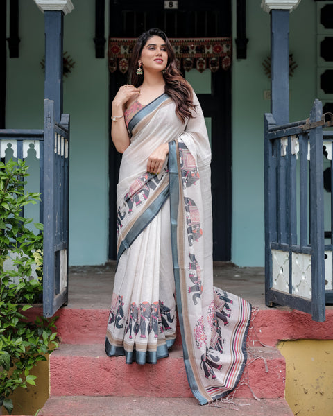 Ivory Pure Cotton Linen Saree with Elephant Motif and Tassel Detailing LINEN Main image