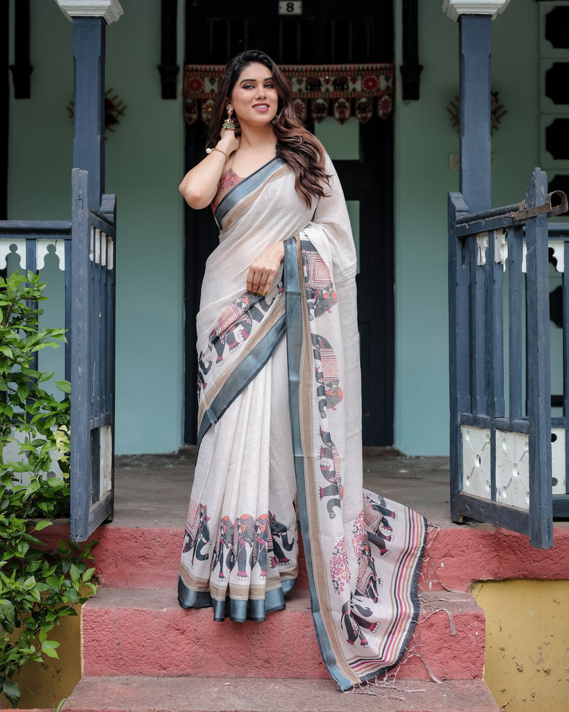 Ivory Pure Cotton Linen Saree with Elephant Motif and Tassel Detailing LINEN