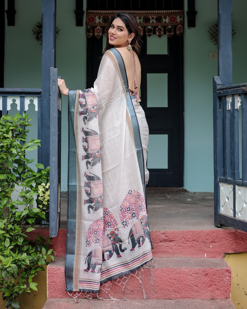 Ivory Pure Cotton Linen Saree with Elephant Motif and Tassel Detailing LINEN