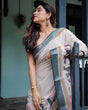 Load image into Gallery viewer, Ivory Pure Cotton Linen Saree with Elephant Motif and Tassel Detailing LINEN