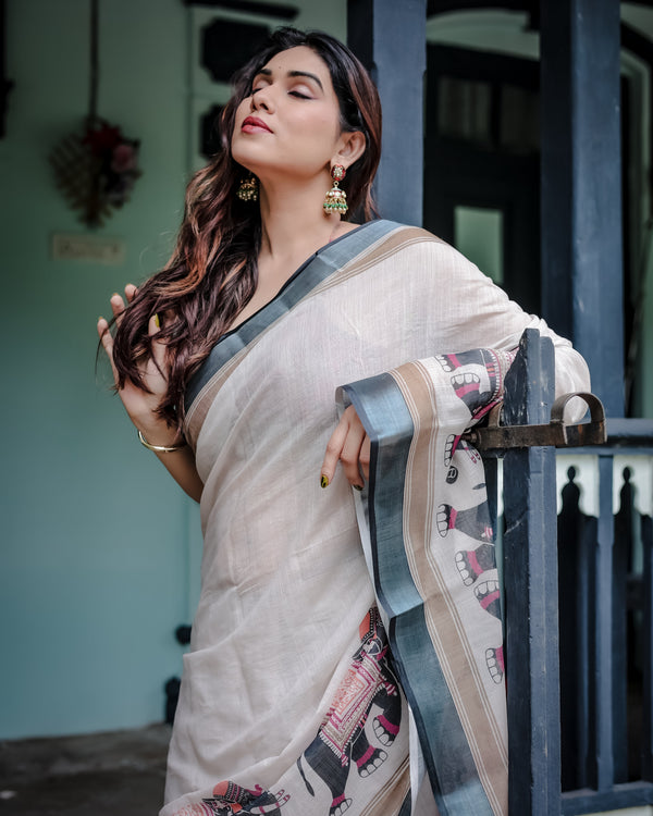 Ivory Pure Cotton Linen Saree with Elephant Motif and Tassel Detailing LINEN