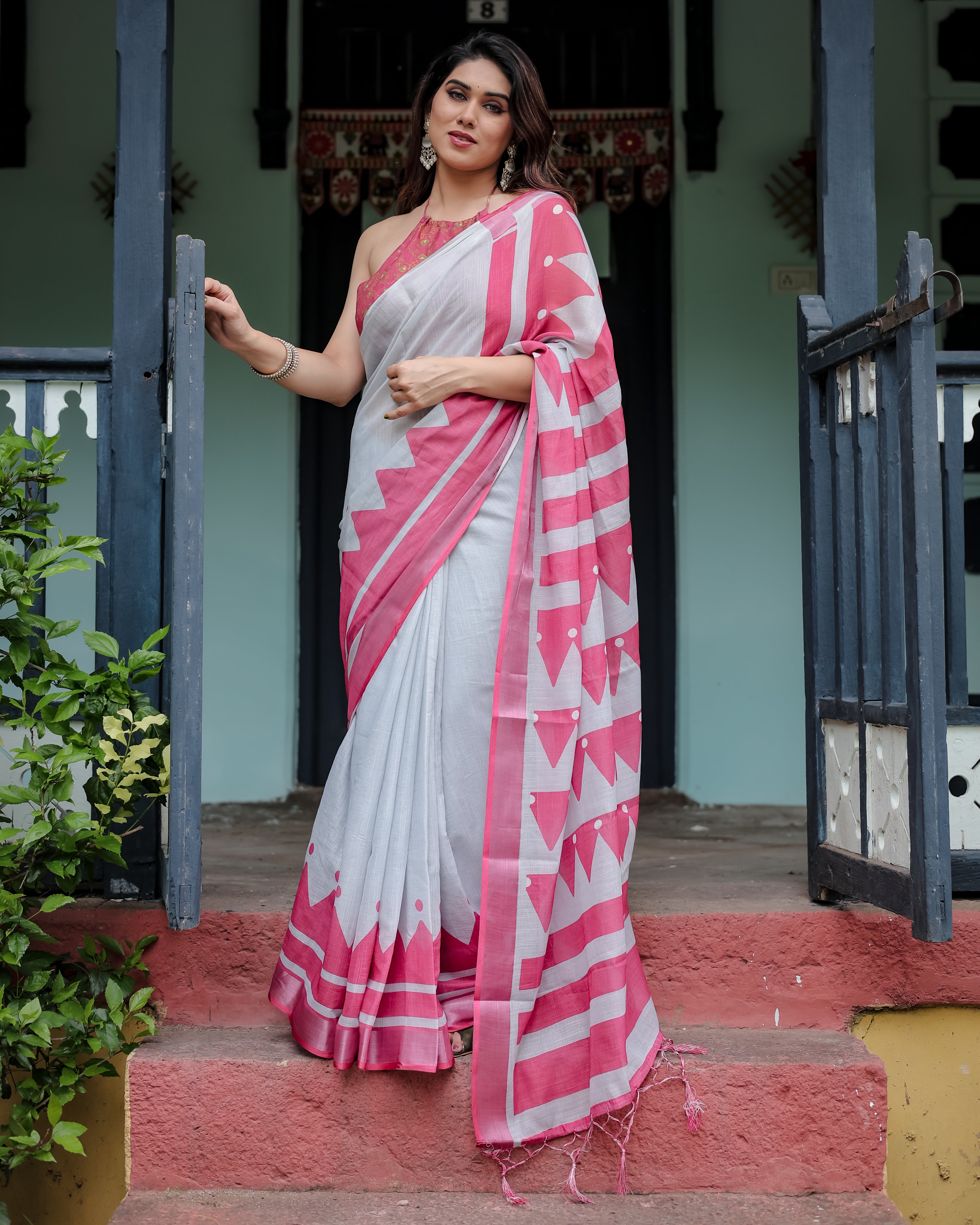 White and Pink Pure Cotton Linen Saree with Geometric Stripes, Blouse, and Tassel Detailing LINEN Main image
