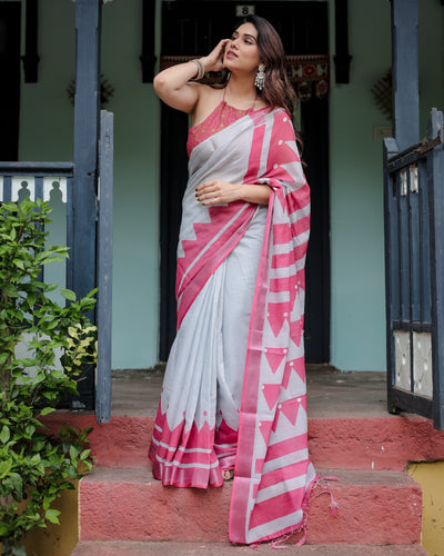 White and Pink Pure Cotton Linen Saree with Geometric Stripes, Blouse, and Tassel Detailing LINEN