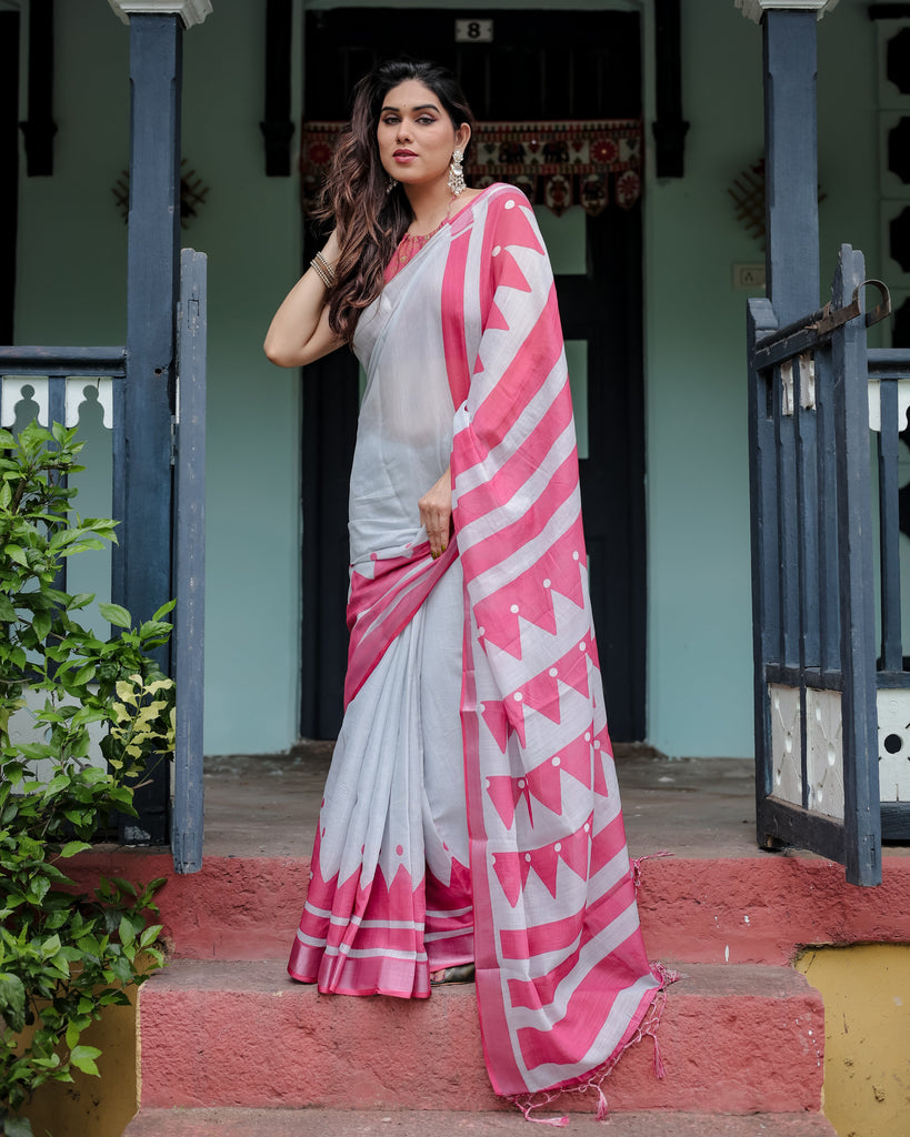 White and Pink Pure Cotton Linen Saree with Geometric Stripes, Blouse, and Tassel Detailing LINEN