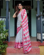 Load image into Gallery viewer, White and Pink Pure Cotton Linen Saree with Geometric Stripes, Blouse, and Tassel Detailing LINEN