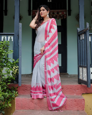 White and Pink Pure Cotton Linen Saree with Geometric Stripes, Blouse, and Tassel Detailing LINEN