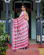 Load image into Gallery viewer, White and Pink Pure Cotton Linen Saree with Geometric Stripes, Blouse, and Tassel Detailing LINEN
