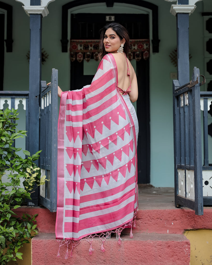 White and Pink Pure Cotton Linen Saree with Geometric Stripes, Blouse, and Tassel Detailing LINEN