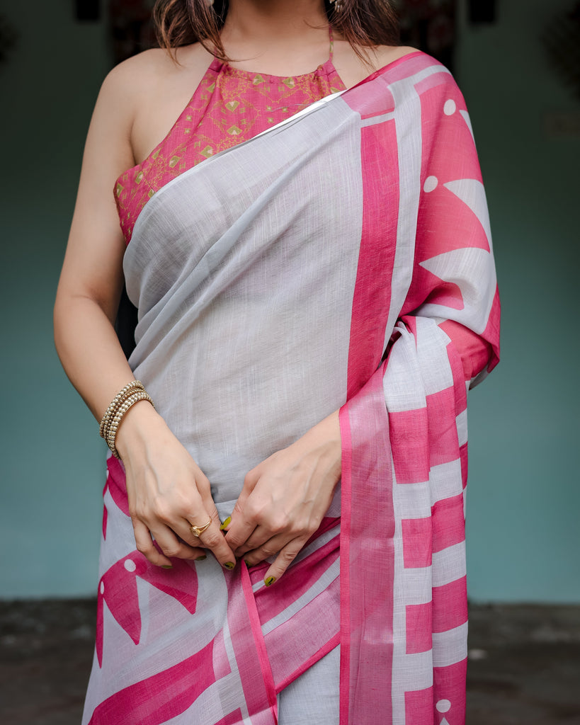 White and Pink Pure Cotton Linen Saree with Geometric Stripes, Blouse, and Tassel Detailing LINEN
