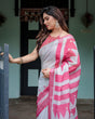 Load image into Gallery viewer, White and Pink Pure Cotton Linen Saree with Geometric Stripes, Blouse, and Tassel Detailing LINEN