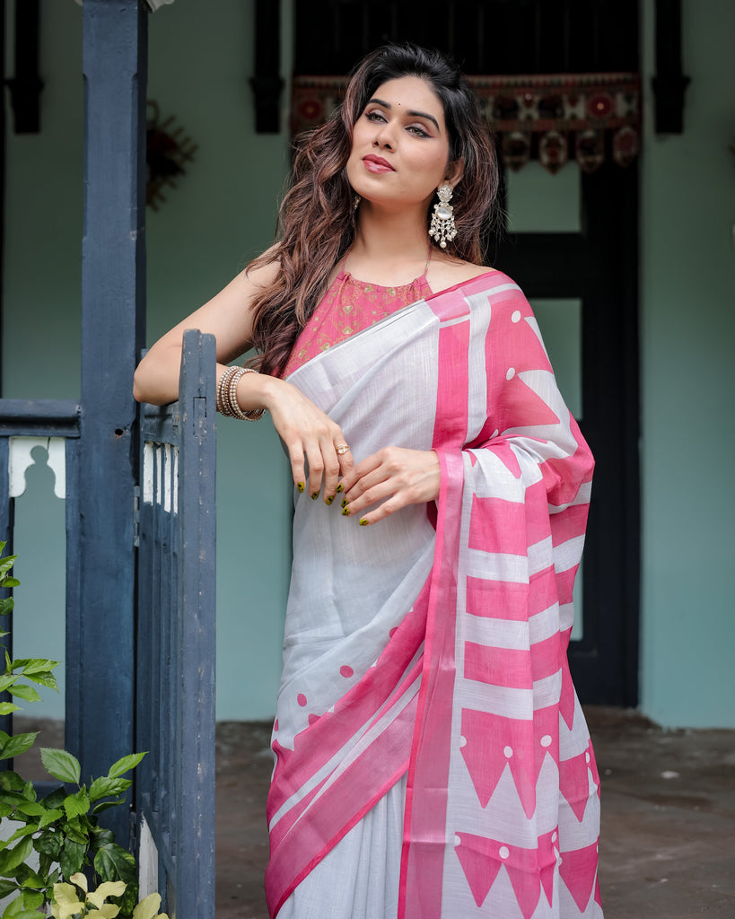 White and Pink Pure Cotton Linen Saree with Geometric Stripes, Blouse, and Tassel Detailing LINEN