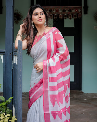 White and Pink Pure Cotton Linen Saree with Geometric Stripes, Blouse, and Tassel Detailing LINEN