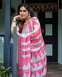 Load image into Gallery viewer, White and Pink Pure Cotton Linen Saree with Geometric Stripes, Blouse, and Tassel Detailing LINEN
