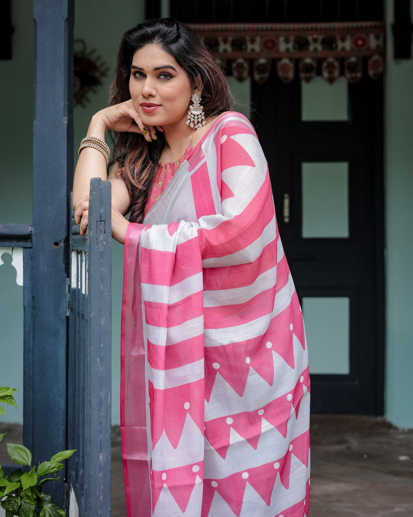 White and Pink Pure Cotton Linen Saree with Geometric Stripes, Blouse, and Tassel Detailing LINEN