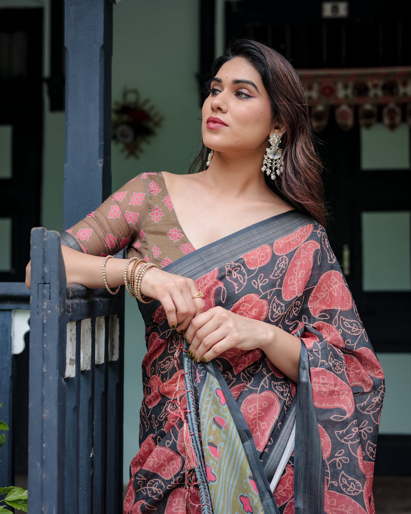 Charcoal Black Pure Cotton Linen Saree with Leafy Paisley Print, Blouse, and Tassel Detailing LINEN