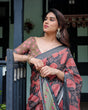Load image into Gallery viewer, Charcoal Black Pure Cotton Linen Saree with Leafy Paisley Print, Blouse, and Tassel Detailing LINEN