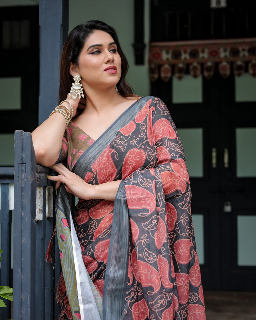 Charcoal Black Pure Cotton Linen Saree with Leafy Paisley Print, Blouse, and Tassel Detailing LINEN