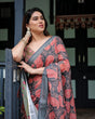 Load image into Gallery viewer, Charcoal Black Pure Cotton Linen Saree with Leafy Paisley Print, Blouse, and Tassel Detailing LINEN
