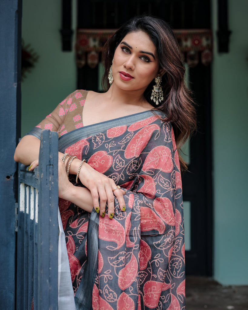 Charcoal Black Pure Cotton Linen Saree with Leafy Paisley Print, Blouse, and Tassel Detailing LINEN