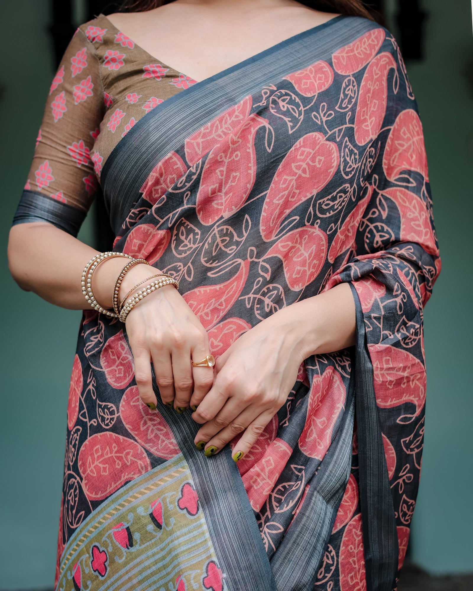 Charcoal Black Pure Cotton Linen Saree with Leafy Paisley Print, Blouse, and Tassel Detailing LINEN
