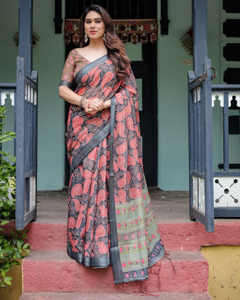 Charcoal Black Pure Cotton Linen Saree with Leafy Paisley Print, Blouse, and Tassel Detailing LINEN