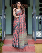 Load image into Gallery viewer, Charcoal Black Pure Cotton Linen Saree with Leafy Paisley Print, Blouse, and Tassel Detailing LINEN