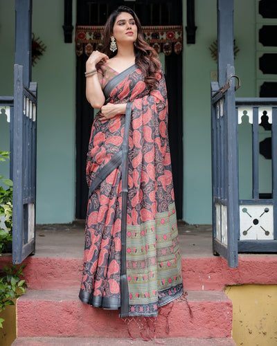 Charcoal Black Pure Cotton Linen Saree with Leafy Paisley Print, Blouse, and Tassel Detailing LINEN