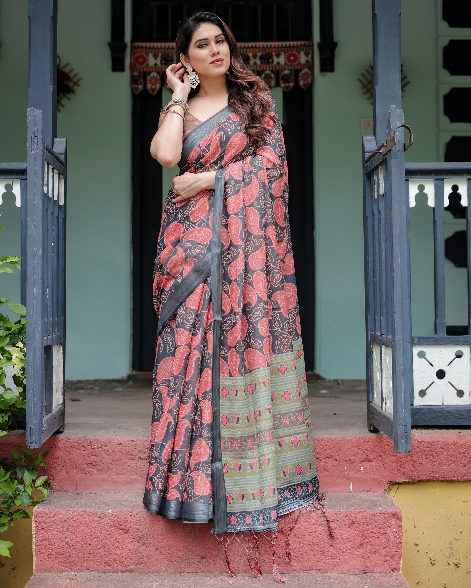Charcoal Black Pure Cotton Linen Saree with Leafy Paisley Print, Blouse, and Tassel Detailing LINEN
