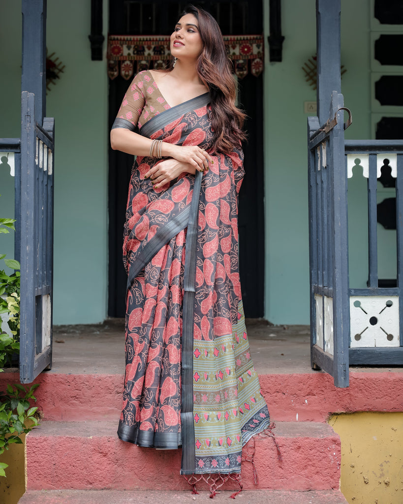 Charcoal Black Pure Cotton Linen Saree with Leafy Paisley Print, Blouse, and Tassel Detailing LINEN