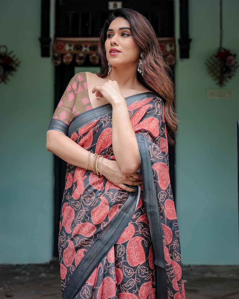 Charcoal Black Pure Cotton Linen Saree with Leafy Paisley Print, Blouse, and Tassel Detailing LINEN