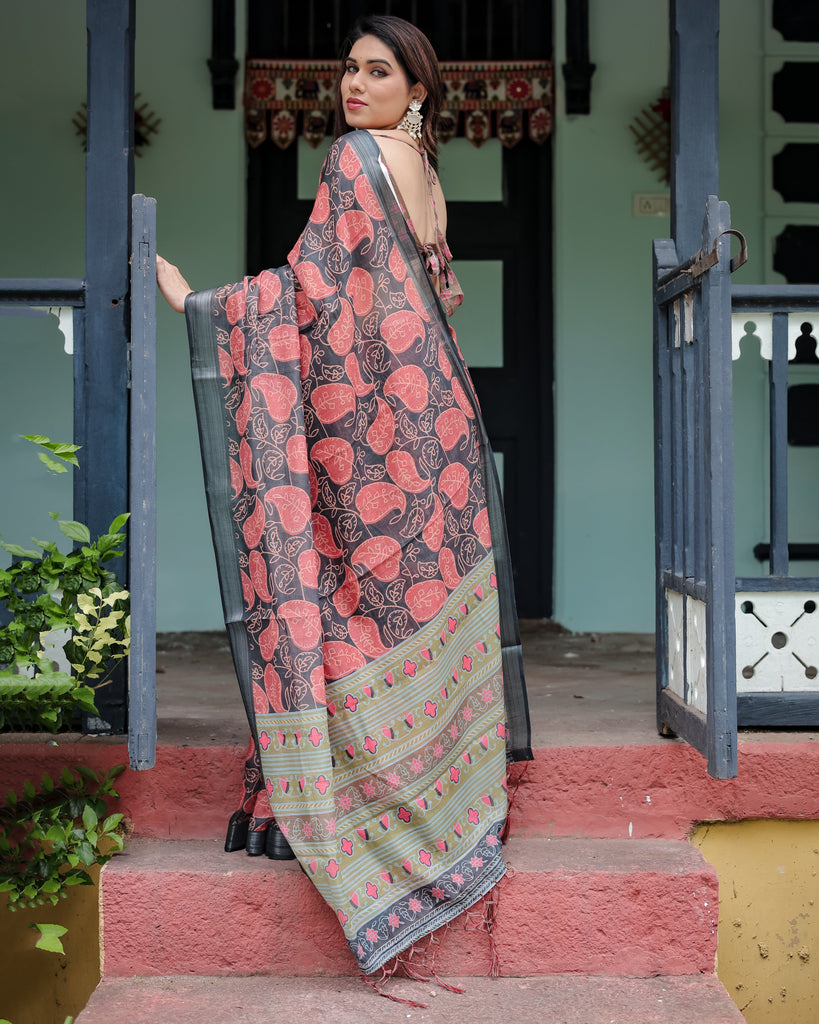 Charcoal Black Pure Cotton Linen Saree with Leafy Paisley Print, Blouse, and Tassel Detailing LINEN