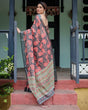 Load image into Gallery viewer, Charcoal Black Pure Cotton Linen Saree with Leafy Paisley Print, Blouse, and Tassel Detailing LINEN