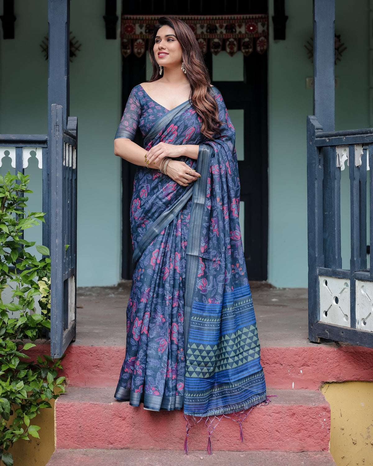 Navy Blue Pure Cotton Linen Saree with Floral Print, Blouse, and Tassel Detailing LINEN Main image