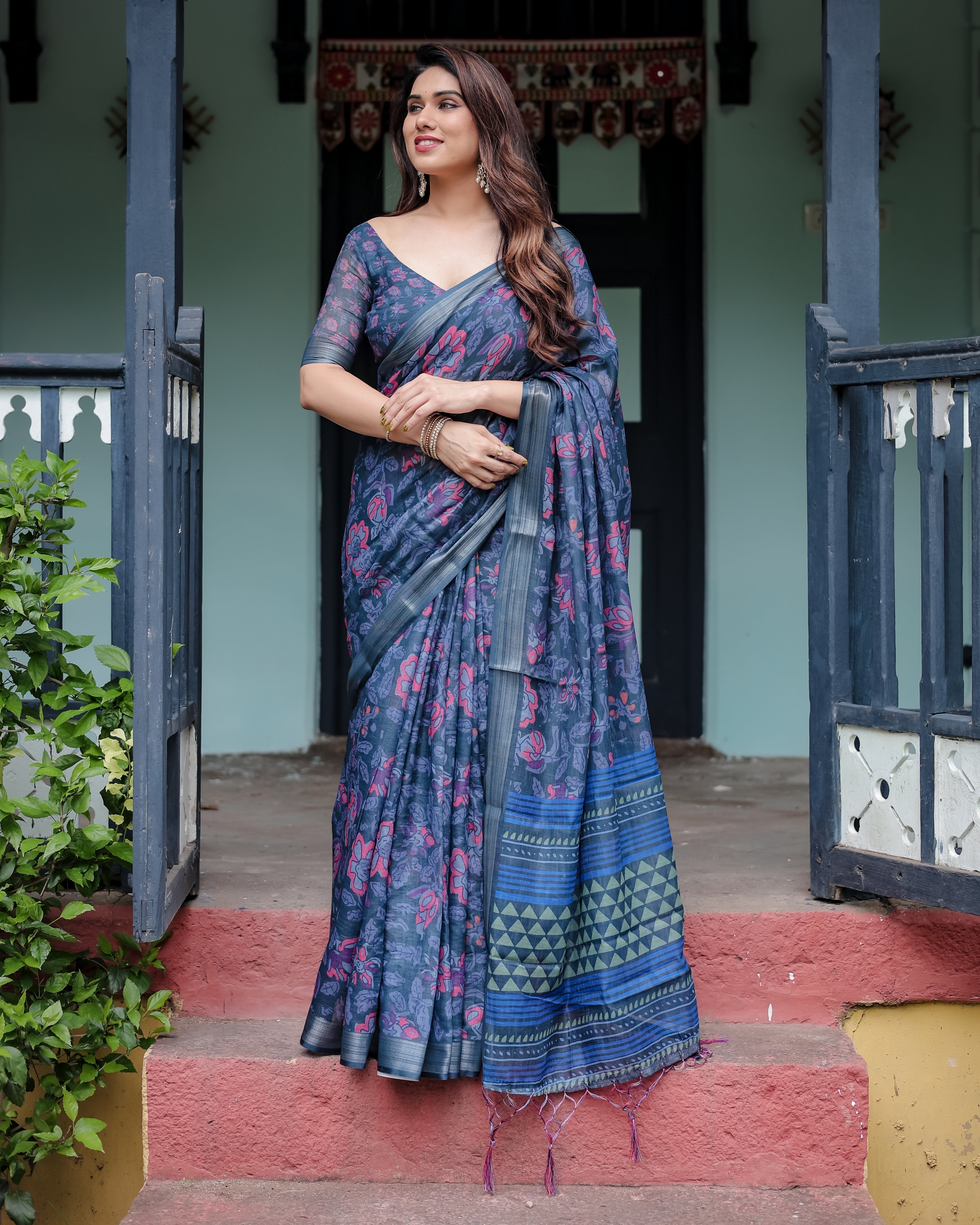 Navy Blue Pure Cotton Linen Saree with Floral Print, Blouse, and Tassel Detailing LINEN Main image