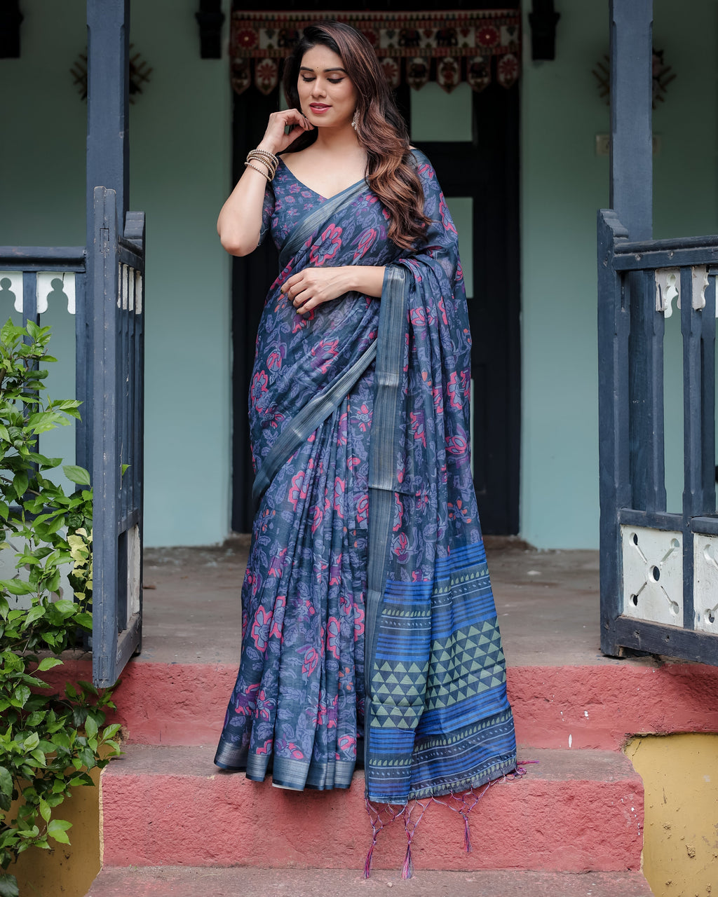 Navy Blue Pure Cotton Linen Saree with Floral Print, Blouse, and Tassel Detailing LINEN