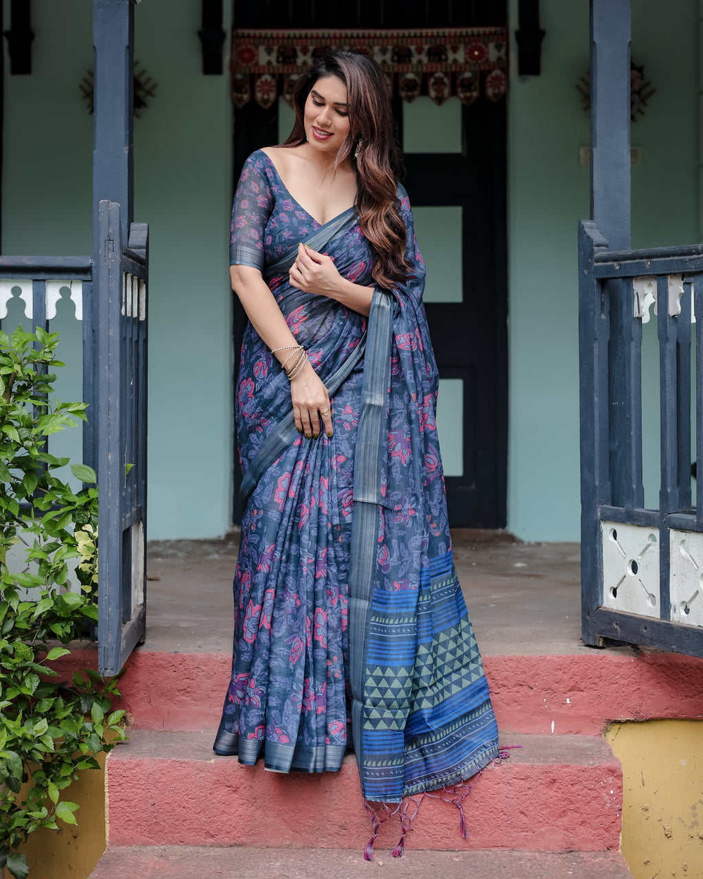Navy Blue Pure Cotton Linen Saree with Floral Print, Blouse, and Tassel Detailing LINEN