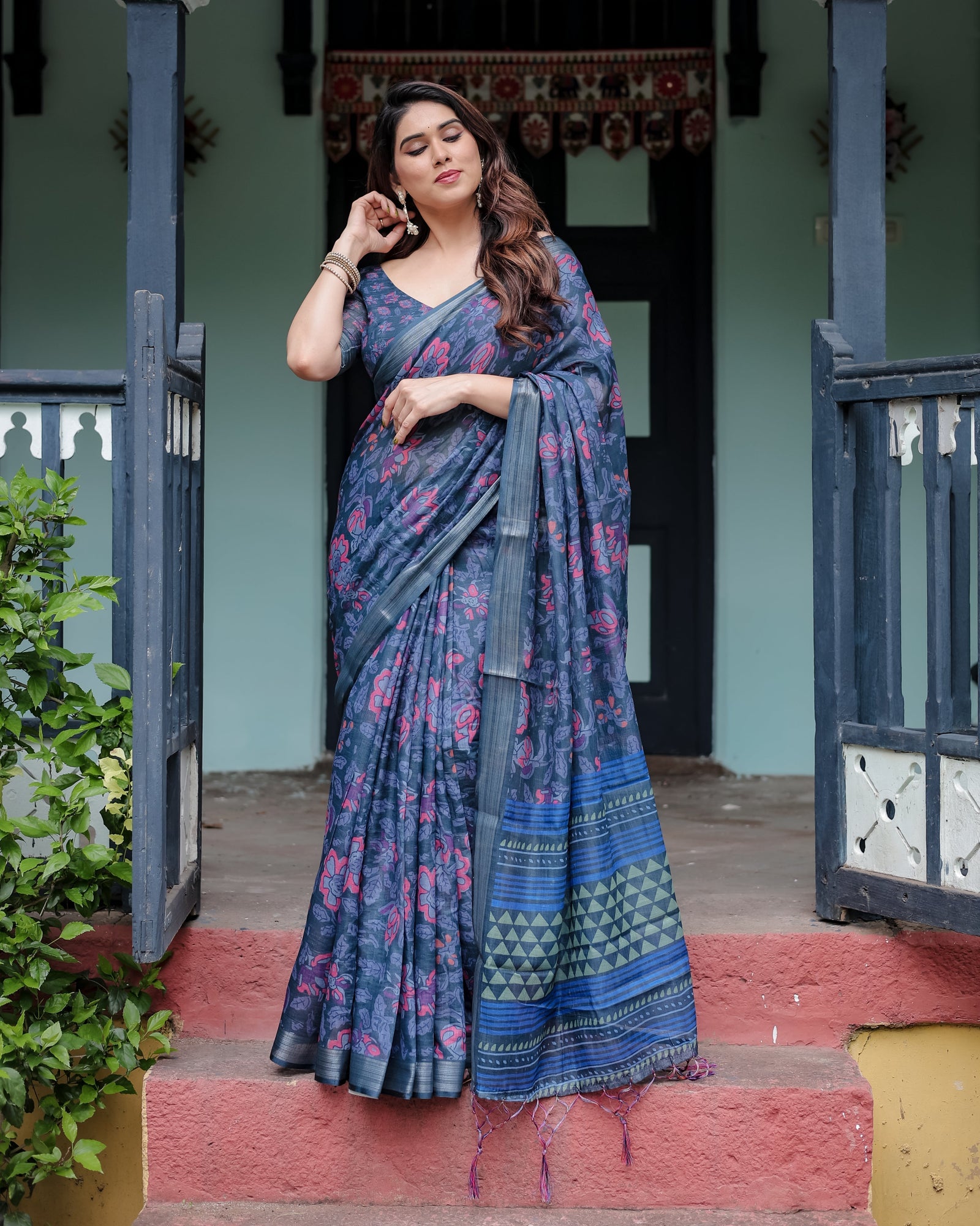 Navy Blue Pure Cotton Linen Saree with Floral Print, Blouse, and Tassel Detailing LINEN
