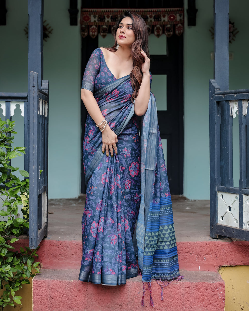 Navy Blue Pure Cotton Linen Saree with Floral Print, Blouse, and Tassel Detailing LINEN