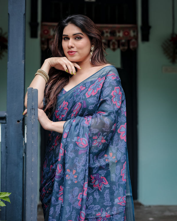 Navy Blue Pure Cotton Linen Saree with Floral Print, Blouse, and Tassel Detailing LINEN