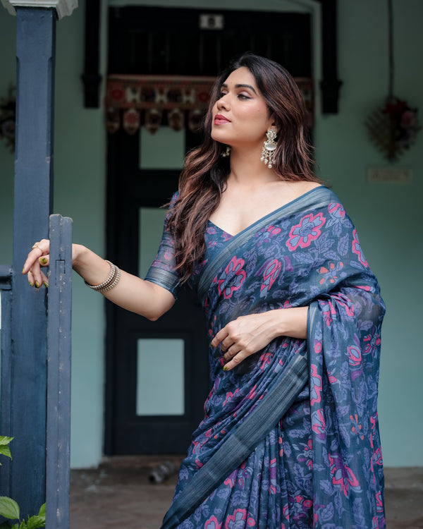 Navy Blue Pure Cotton Linen Saree with Floral Print, Blouse, and Tassel Detailing LINEN