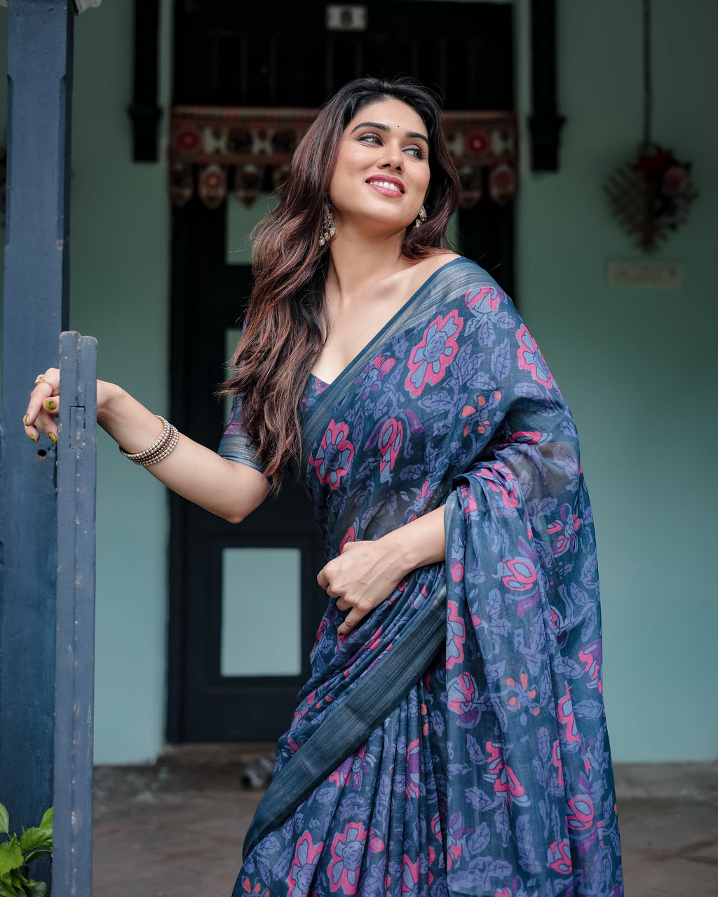 Navy Blue Pure Cotton Linen Saree with Floral Print, Blouse, and Tassel Detailing LINEN