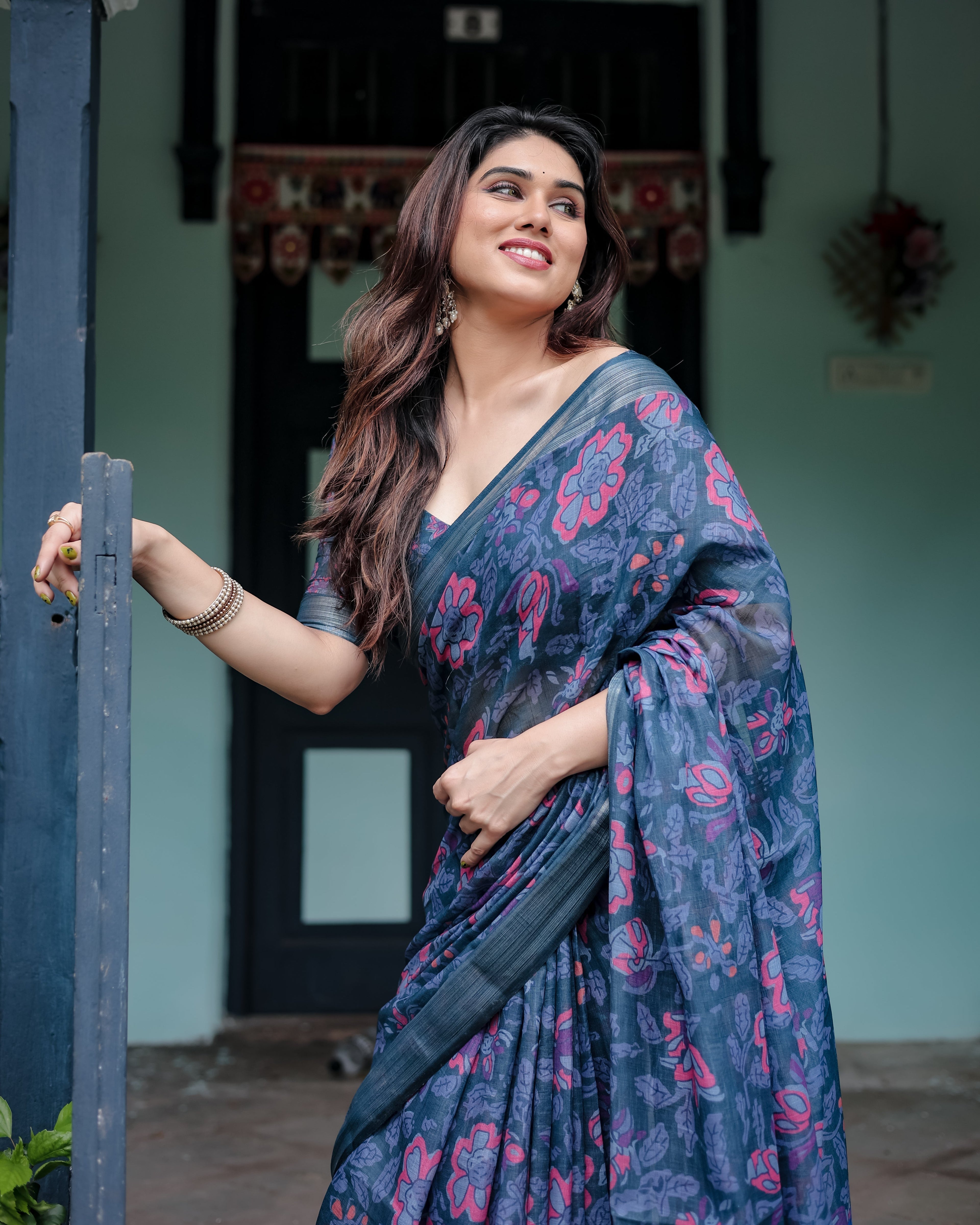 Navy Blue Pure Cotton Linen Saree with Floral Print, Blouse, and Tassel Detailing LINEN