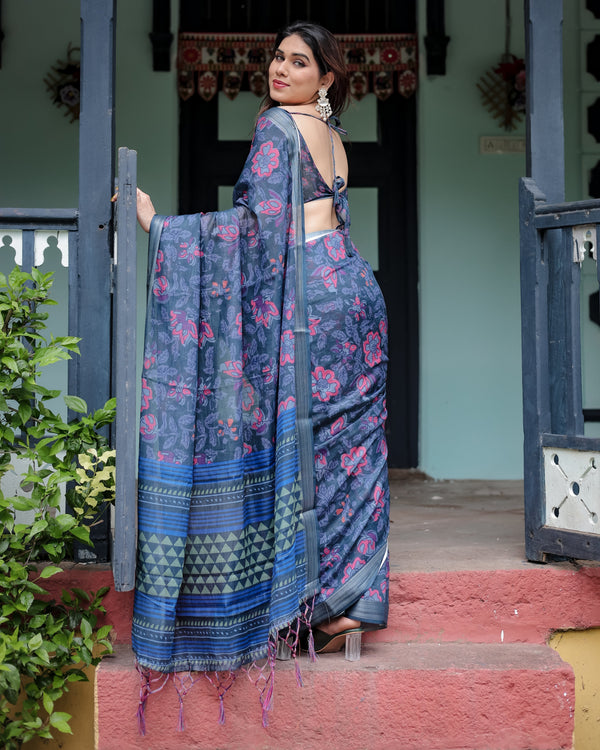 Navy Blue Pure Cotton Linen Saree with Floral Print, Blouse, and Tassel Detailing LINEN