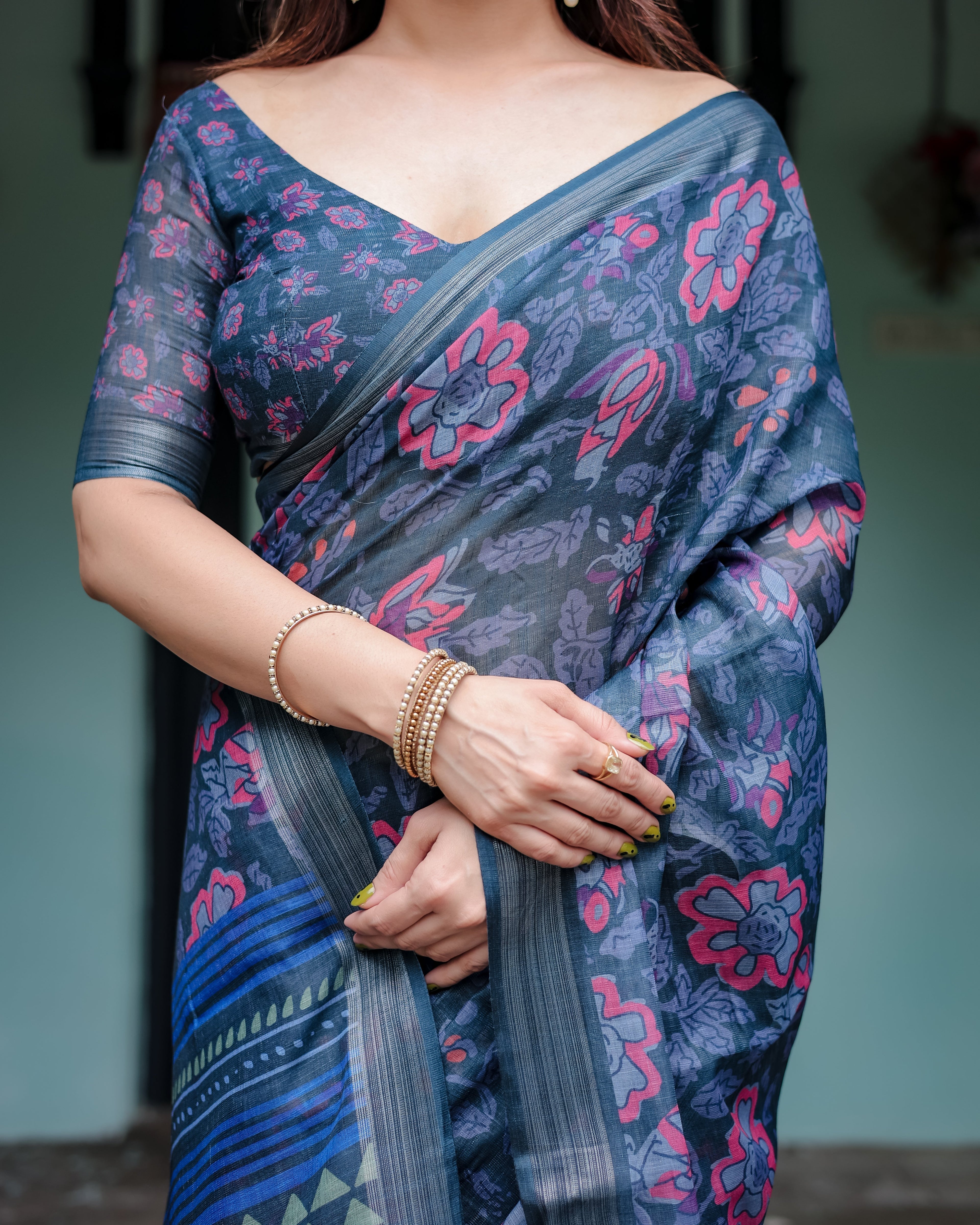 Navy Blue Pure Cotton Linen Saree with Floral Print, Blouse, and Tassel Detailing LINEN