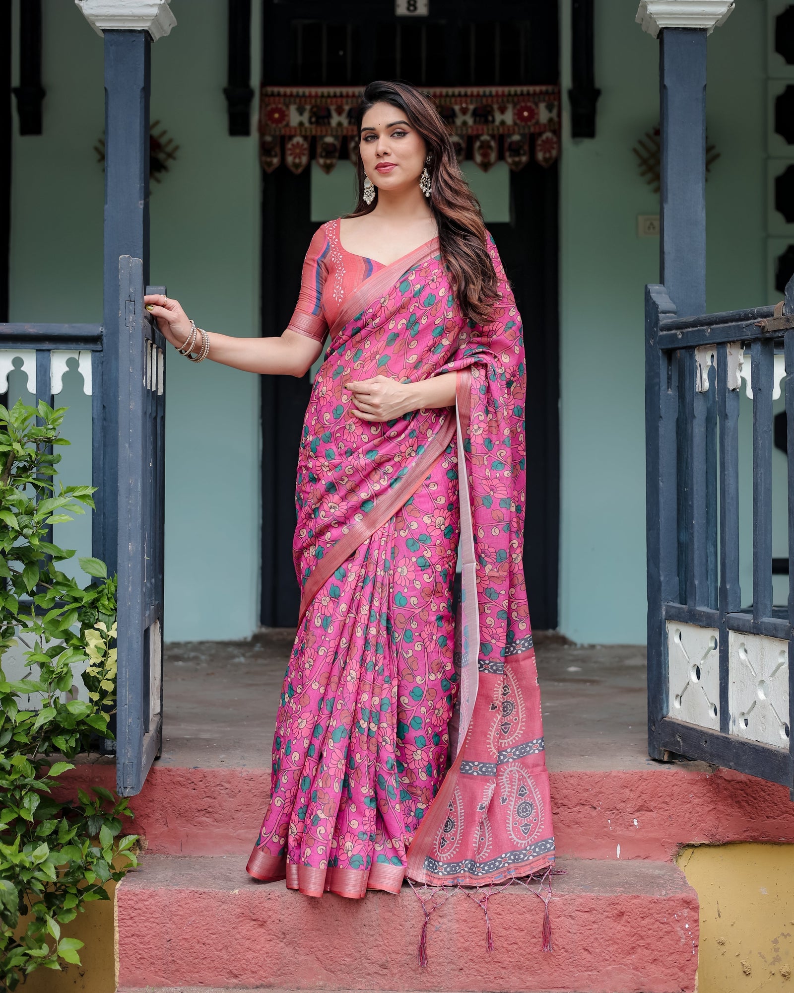Magenta and Pink Pure Cotton Linen Saree with Floral and Paisley Block Print, Blouse, and Tassel Detailing LINEN