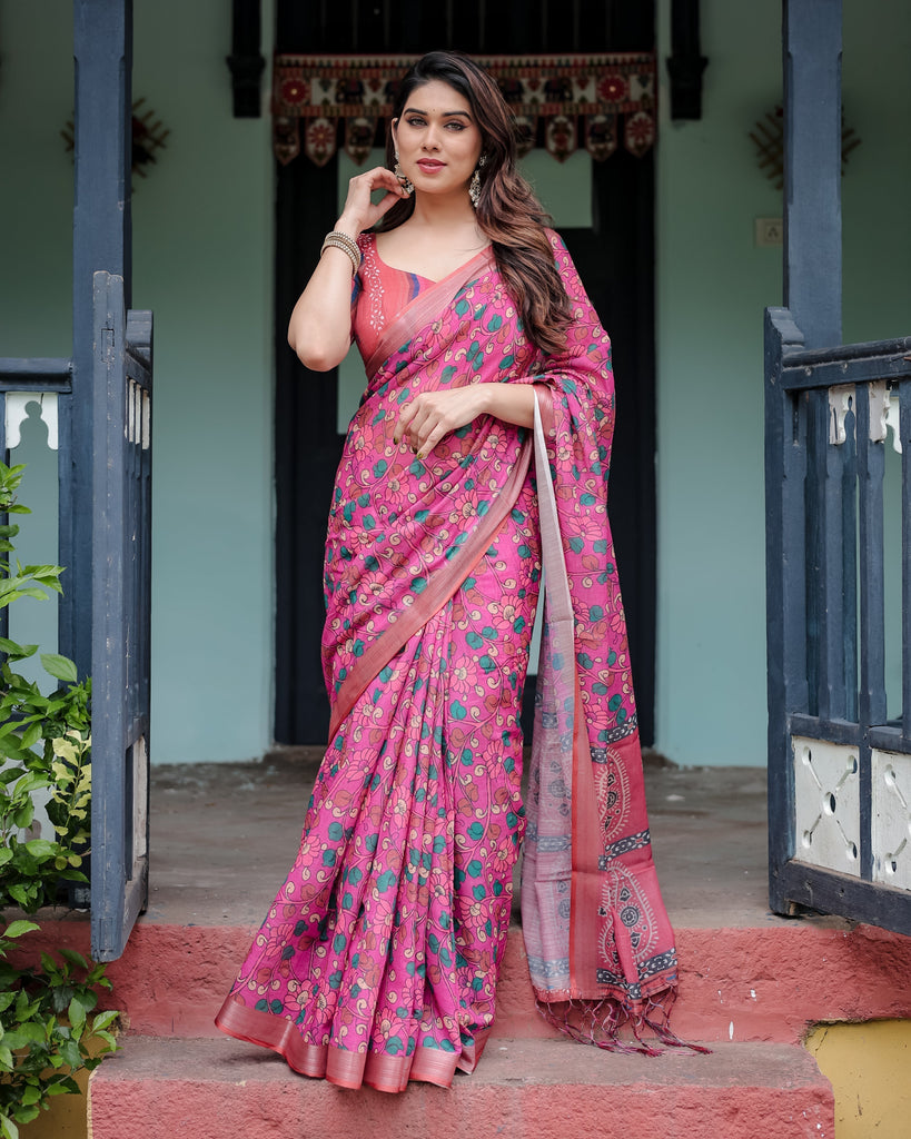 Magenta and Pink Pure Cotton Linen Saree with Floral and Paisley Block Print, Blouse, and Tassel Detailing LINEN