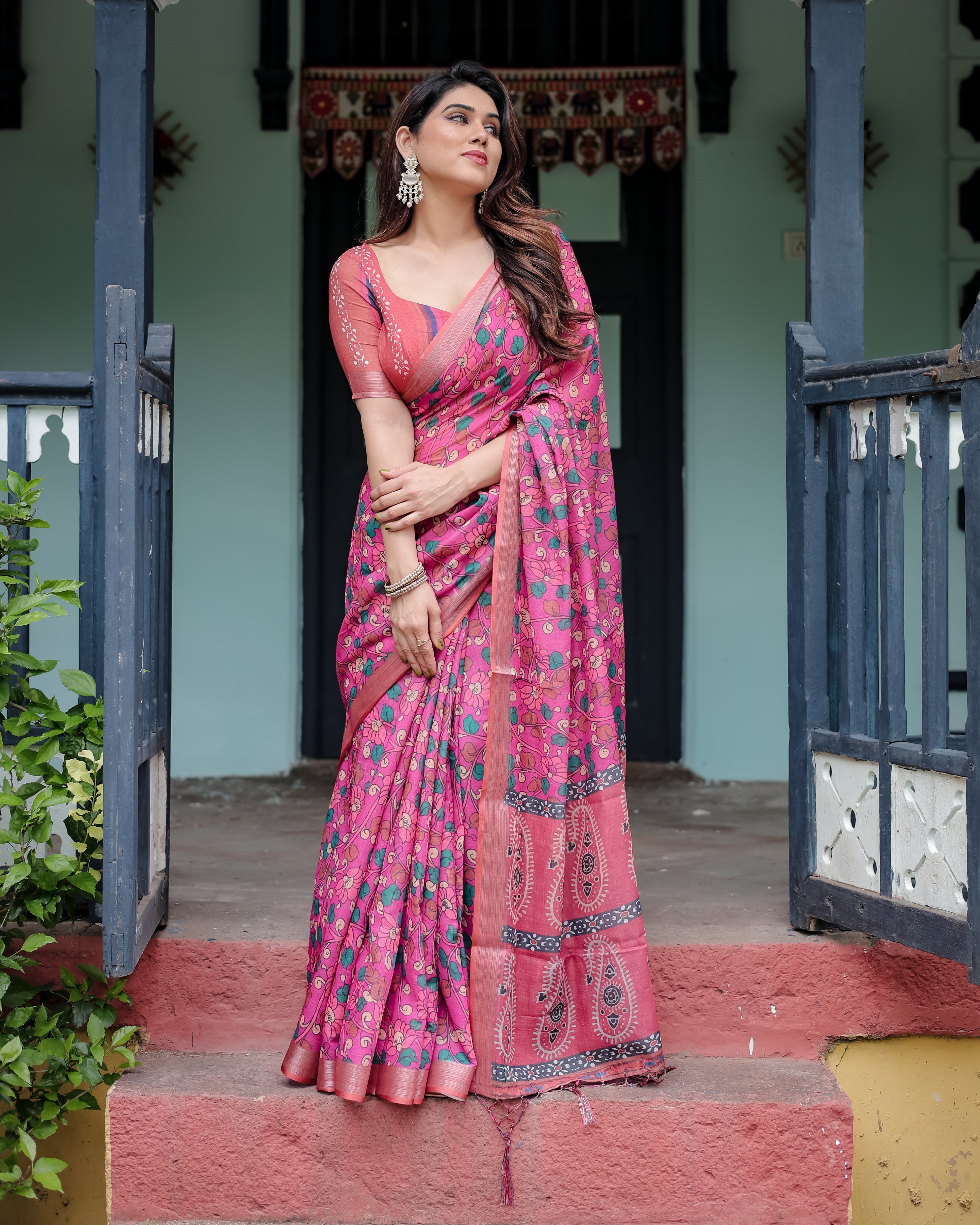 Magenta and Pink Pure Cotton Linen Saree with Floral and Paisley Block Print, Blouse, and Tassel Detailing Secondary image